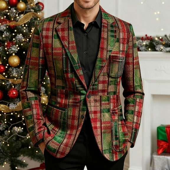 Dwelliawo Christmas Blazer Men Ugly Xmas Print Suit Corduroy Single Breasted Notched Lapel Jackets Party Holiday Blazer Lightweight Sport Outfits Dark Green XL