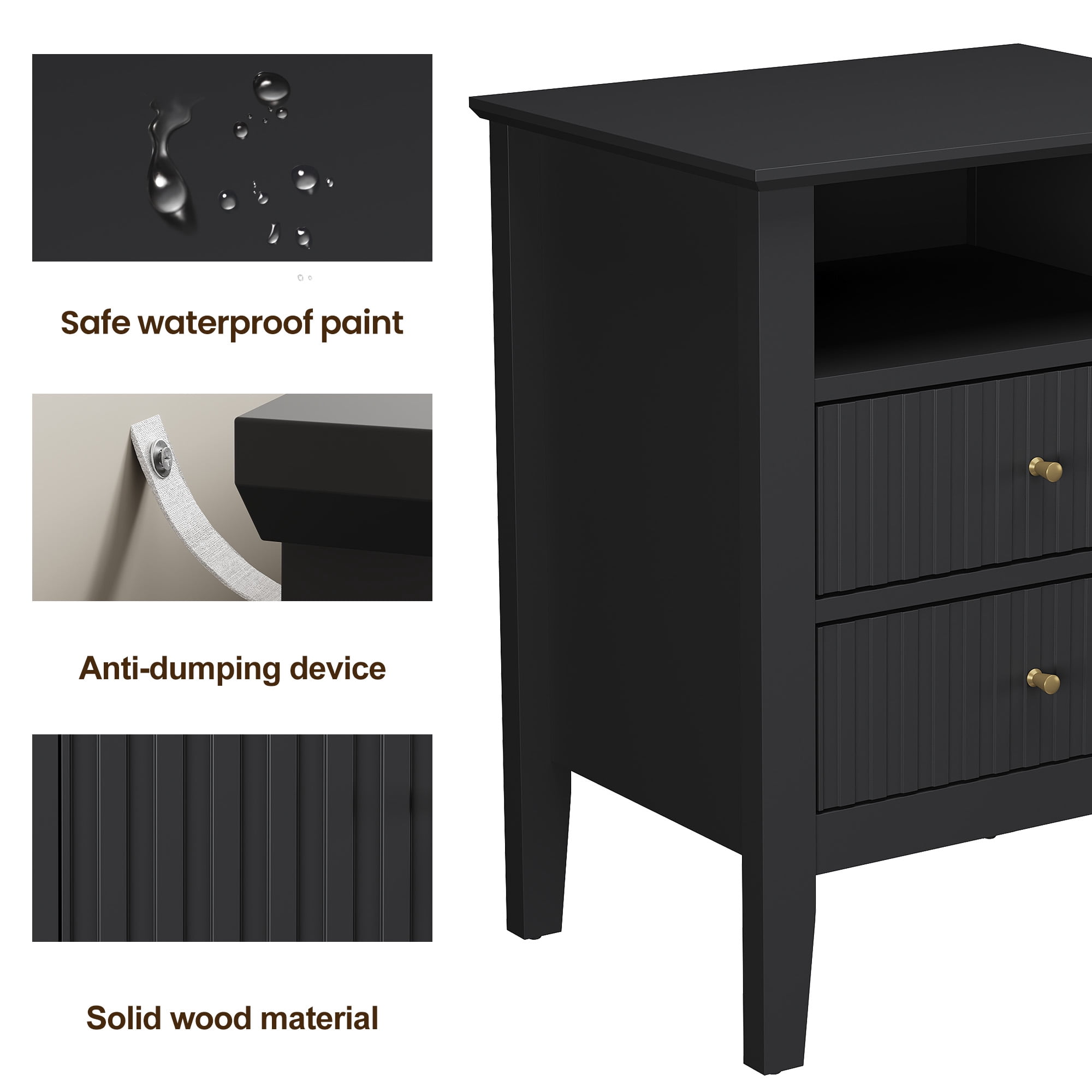 Heynemo Black Fluted Nightstand with 2 Drawers Set of 2, Modern Wooden Sofa Table for Small Spaces, Tall End Table for Bedroom, Living Room