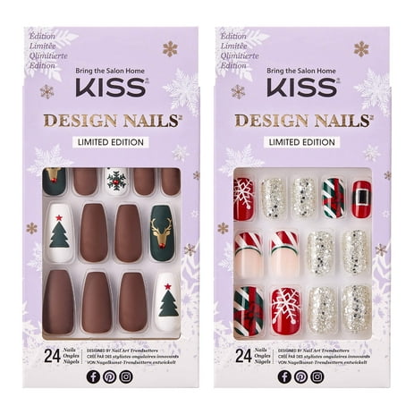 Holiday Bundle Kiss Glue On Design Nails, 2 sets, Blessing (Medium Length, Squoval) & Candy Cane (Long Length, Coffin)