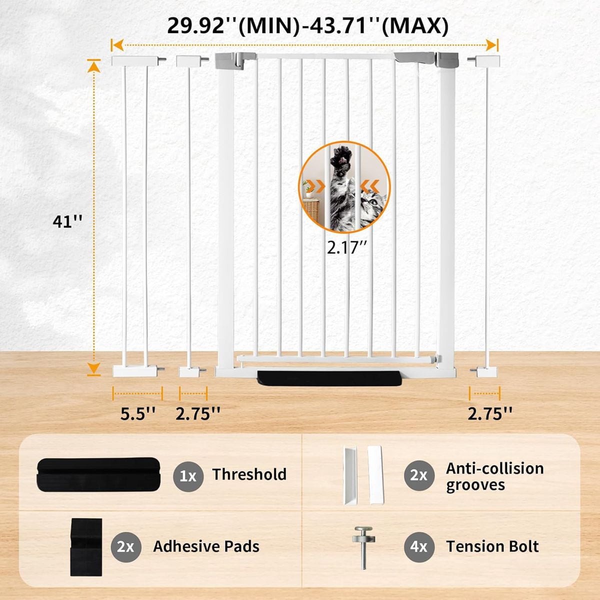 Magicorange Baby Safety Gate, Extra Tall 41 inch, Extra Wide 29.9" to 43.7" Pet Gate for Stairs and Doorway, No Drilling Pressure Mount Kit, White