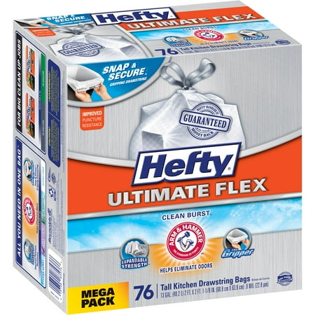 Hefty Ultimate Flex Clean Burst Tall Kitchen Drawstring Trash Bags, 13 gal, 76 count