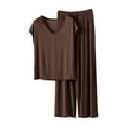 thumbnail image 2 of QUNYINEY Comfy Pajamas for Women Set Cotton Short Sleeve 2 Piece Brown Top And Pants V Neck Casual Women's Loungewear, 2 of 6