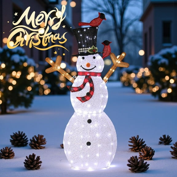 Tcbosik 4.9ft Christmas Lighted Snowman with Red Birds, Indoor/Outdoor Pre-Lit Xmas Snowman with 170 LED Lights, Holiday Decoration with Hat and Scarf for Front Porch, Yard, Garden, White