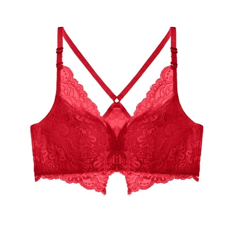 

Frehsky bras for women Women Lace Without Steel Ring Front Buckle Beautiful Back Cross Bra Underwear bras for women no underwire Red