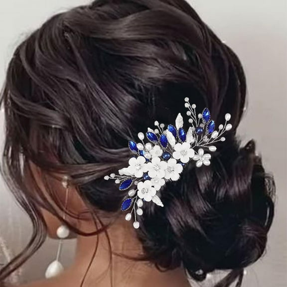 Flower Bride Wedding Hair Comb Blue Crystal Bridal Hair Piece Rhinestone Pearl Hair Accessories for Women and Girls