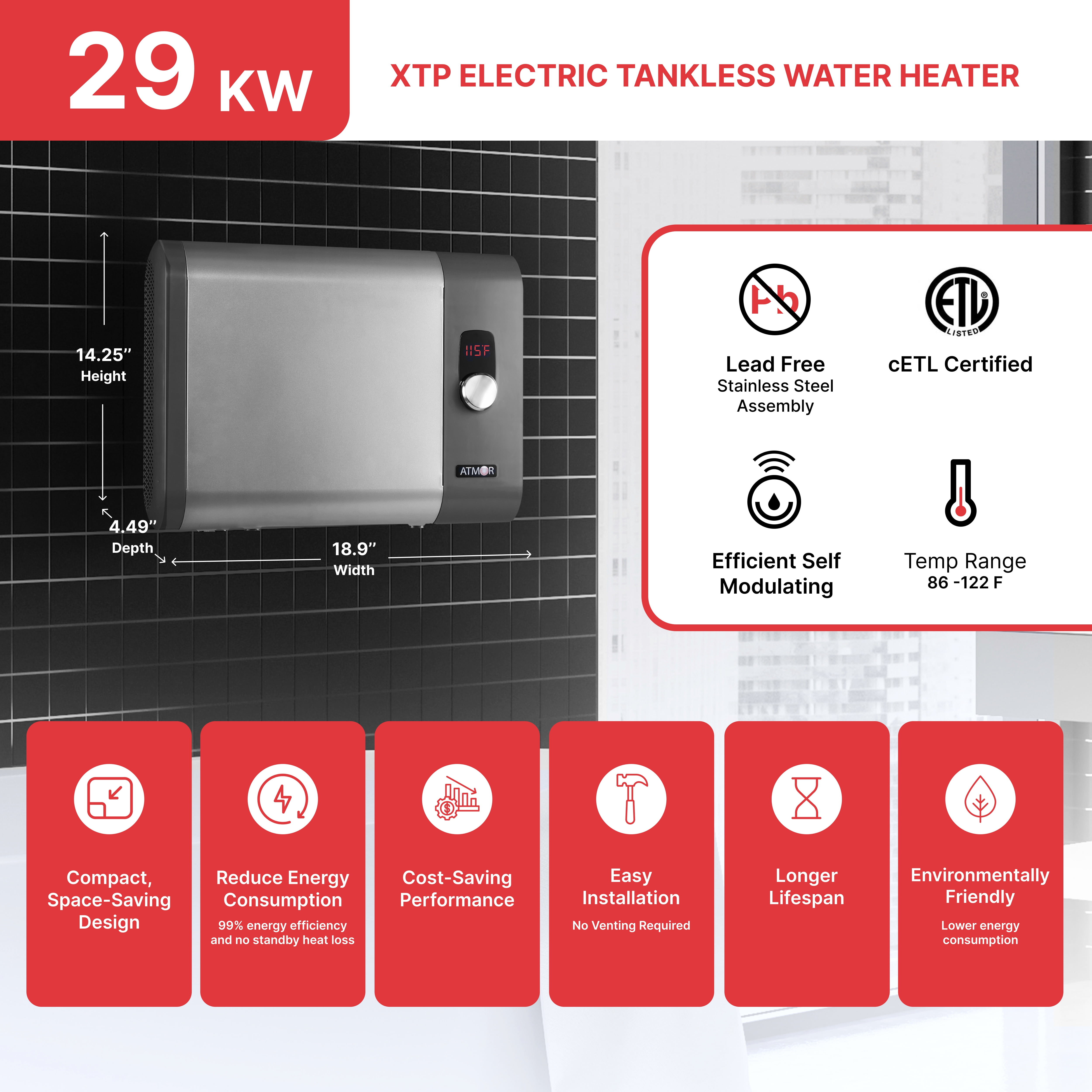 Atmor PRO XTP 29kW Self-Modulating Digital Electric Tankless Water Heater, 5.67 GPM