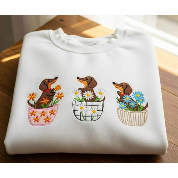 Dachshund Embroidered Sweatshirt – Cute Wiener Dog in Flower Pots Sweater, Sausage Dog Lover Gift, Puppy Floral Top