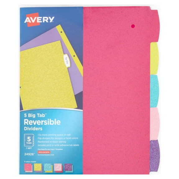 Avery(R) Big Tab(TM) Reversible Fashion Dividers 24928, 5 Tabs, 1 Set, Assorted Glitter Colors