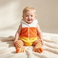 thumbnail image 2 of HAYIMI Toddler 2-Pcs Candy Corn Outfit Sets, Color Block Hooded Romper and Striped Knee-High Socks, Baby Halloween Dress-Up Clothes Sets, 2 of 8