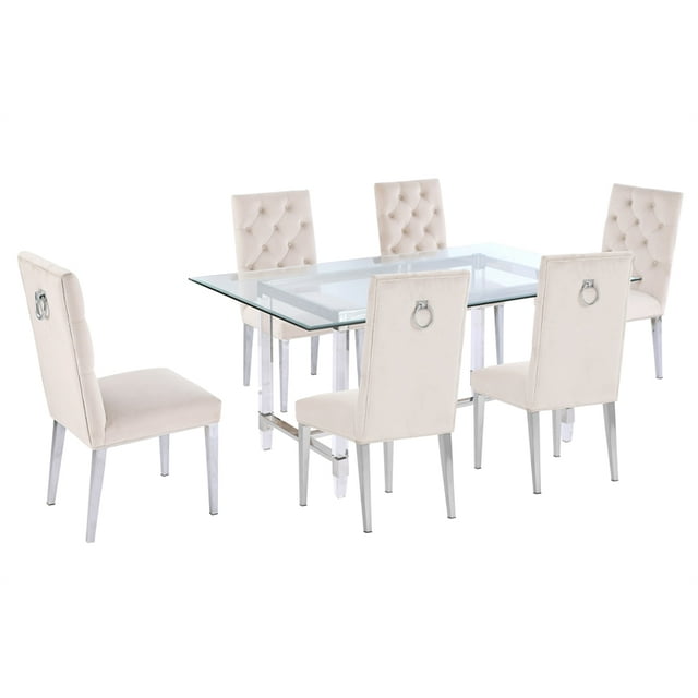 7pc. 68" x 40" Glass Dining Set with 6 Chairs and Silver Stainless Steel