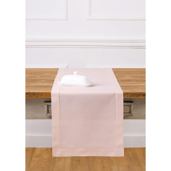 Tapete de mesa Solino Home con dobladillo de lino y algodón rosa, 35 x 120 cm