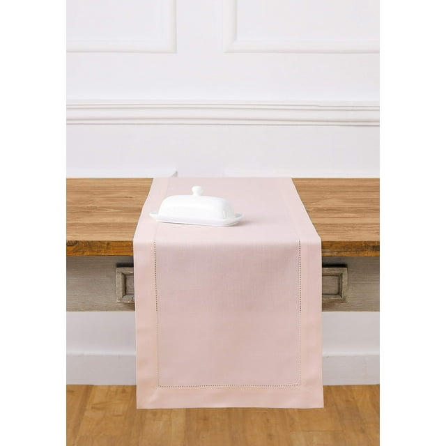 Tapete de mesa Solino Home con dobladillo de lino y algodón rosa, 35 x 120 cm