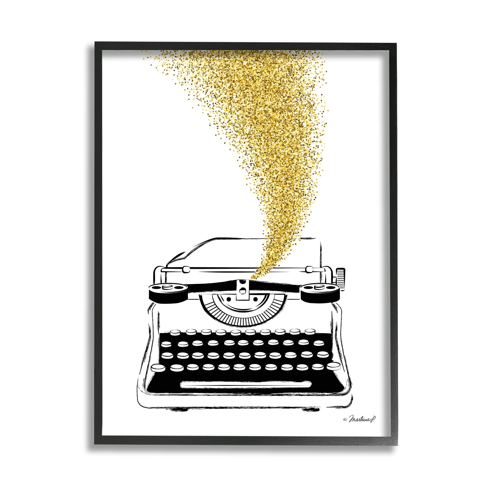 Stupell Industries Vintage Typewriter Illustration Golden Glam Glitz Splatter Graphic Art Gray Framed Art Print Wall Art, 24x30, by Martina Pavlova