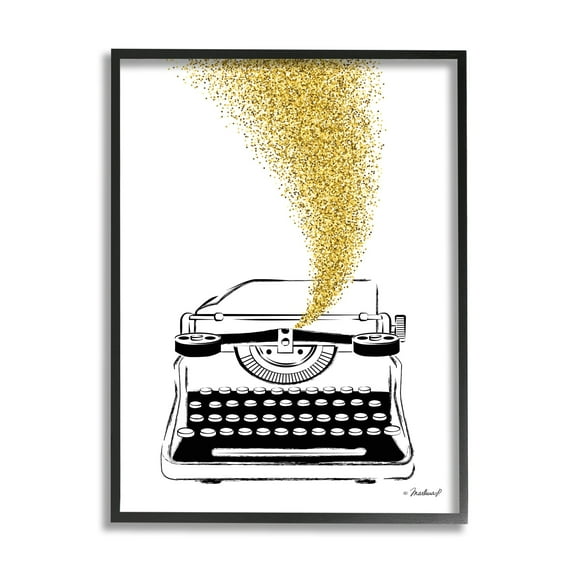 Stupell Industries Vintage Typewriter Illustration Golden Glam Glitz Splatter Graphic Art Black Framed Art Print Wall Art, 11x14, by Martina Pavlova