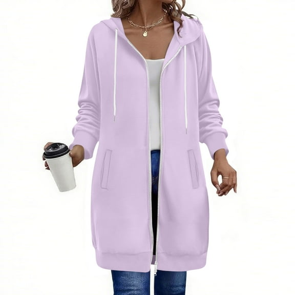 LEBONYARD Women's Fashion Zipper Elastic Drawstring Hooded Long Length Sweatshirts Casual Long Sleeve Solid Colored Loose Fit Pocket Sweatshirts
