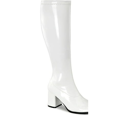 womens white patent boots 3 inch chunky heel stretch go go boots knee