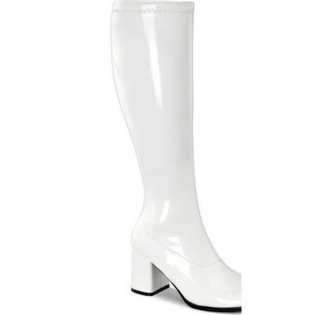 Heel Patent Knee Boots - womens white patent boots 3 inch chunky heel stretch go go boots knee highs
