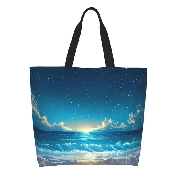 Balery Night Sky Beach Scene Bolsa Tote Estilo Estético con Cremalleras, Bolsa de Hombro, Bolsa de Compras Grande y Plegable