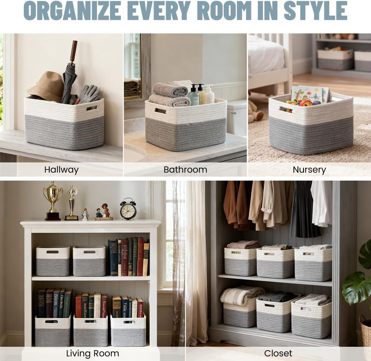 Storage racks and baskets for toys, books, clothes, wardrobes, nurseries, and bathrooms – cotton rope storage racks and baskets.