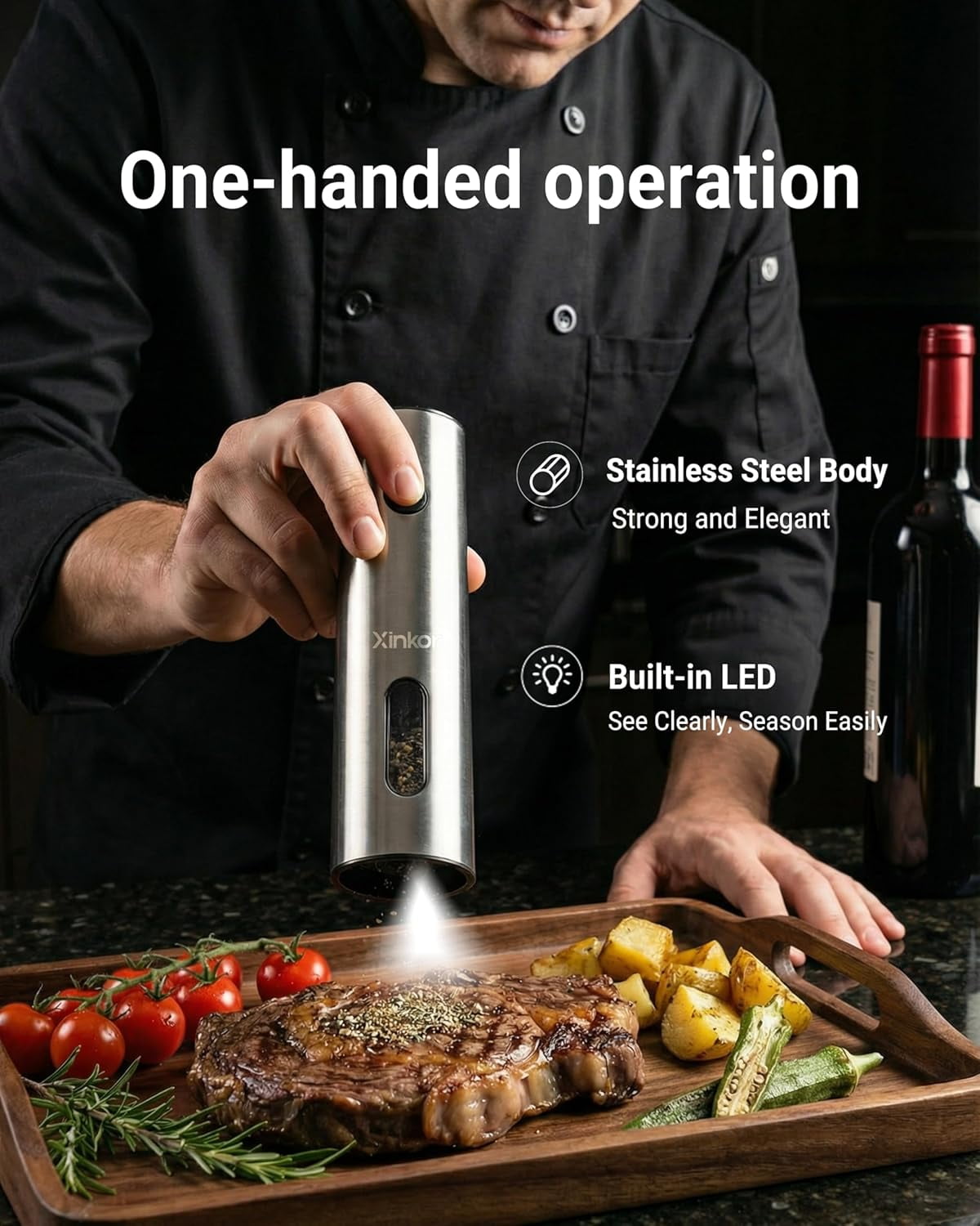 Electric Salt and Pepper Grinder Set with USB-C Charging Base, Stainless Steel Automatic Rechargeable Mill with LED Light & Large Capacity for Kitchen