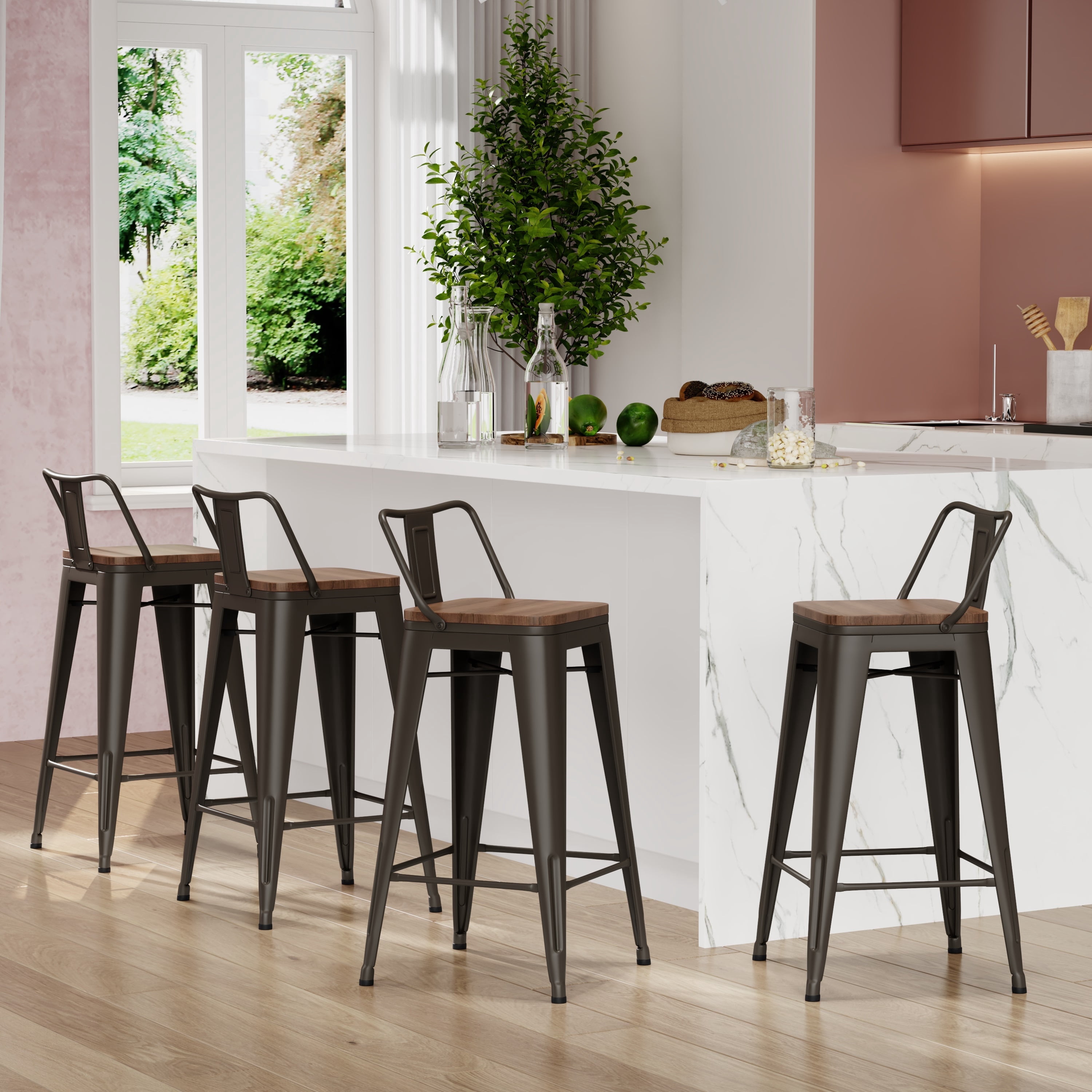 Bar Stools Set of 4 Bar Height Metal Barstools with Wood Seat Low Back Kitchen Bar Chairs