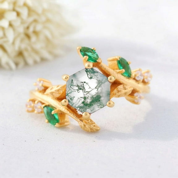 JEWELRYTREASURE 7 mm / 1.5 Ct Hexagon Shape Moss Agate Ring Art Deco Emerald Jewelry Yellow Gold Plated Engagement Ring Nature Inspired Leaf Ring Natural Gemstone Wedding Gift for Women