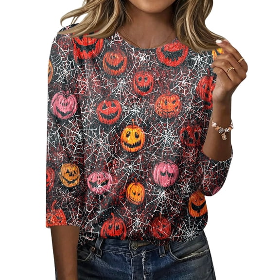 Halloween Shirts for Women Plus Size Funny 3/4 Sleeve Pullover Spooky Pumpkin Cobweb Printed T Shirts Horror Crew Neck Tops Holiday Three Quarter Length Blouses, 2XL