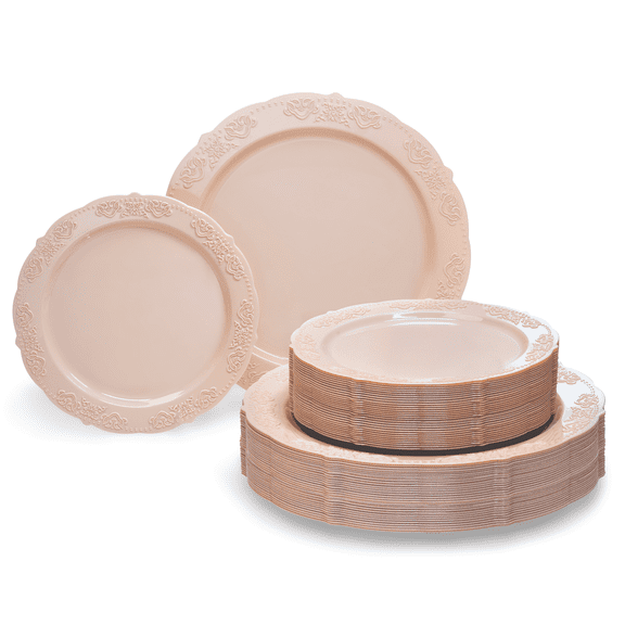 " OCCASIONS " 100 Plates Pack,(50 Guests) Vintage Wedding Party Disposable Plastic Plates Set -50x10.25'' Dinner 50x7.5'' Salad/Dessert Plate (Portofino Blush / Antique Rose)
