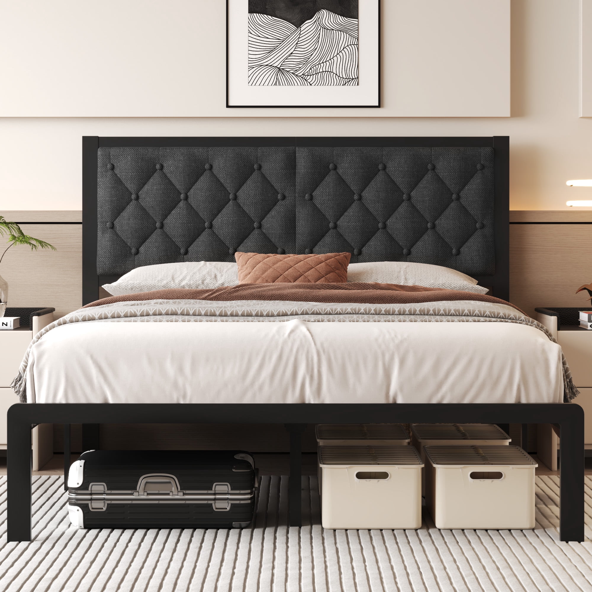 Homall Full Size Bed Frame with Headboard Linen Upholstered Bed Frame ...