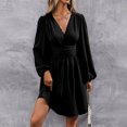 thumbnail image 4 of Women's Elegant Dress V Neck Long Sleeve High Waist Swing Prom Cocktail Short Dresses, 4 of 9