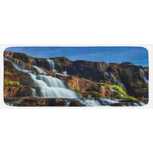 Rainforest Kitchen Mat, Pongour Waterfall Exotic Natural Beauty Landscape Mountain Rocks Print, Plush Decorative Kitchen Mat with Non Slip Backing, 47" X 19", White Blue, by Ambesonne