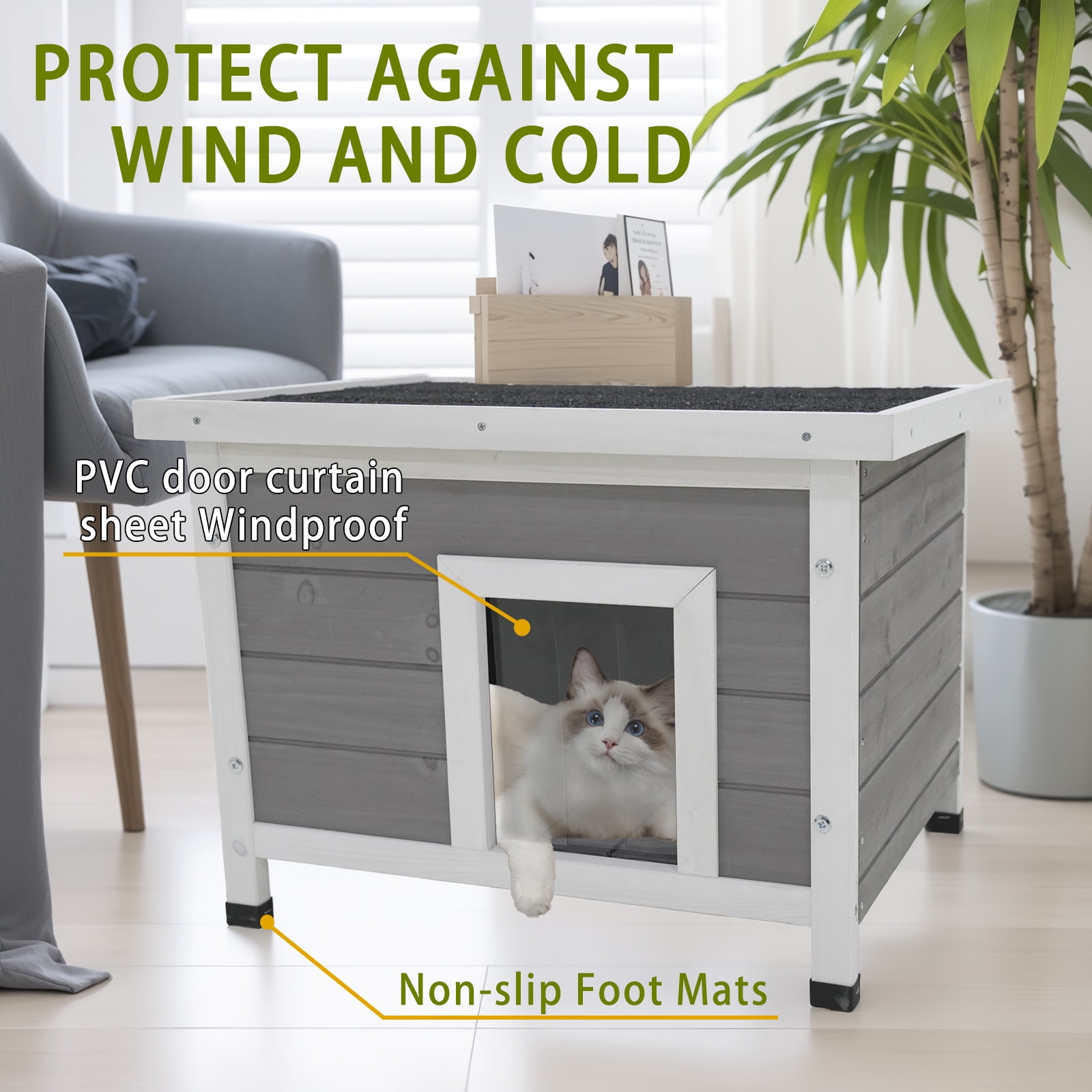 Cat House Waterproof Feral Kitty Shelter Outdoor Indoor Rabbit Hutch for Bunnies,Cats,Dogs and Other Small Animals,Asphalt Roof