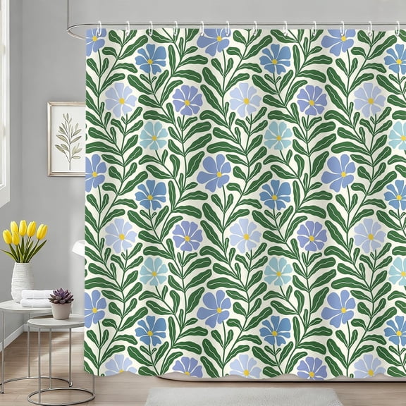 Floral Shower Curtain Blue And Green Botanical Flowers Fabric Bath Curtain with Hooks for Bathroom 71x71 inches