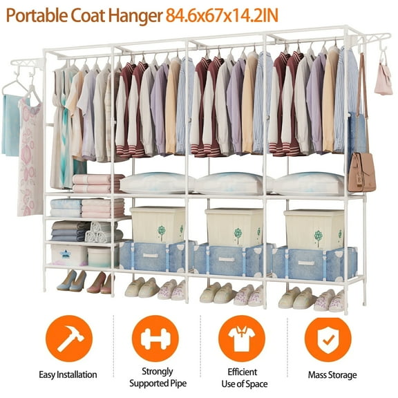 SAVALETOR Clothes Rack Heavy Duty Clothing Racks,84.6"Portable Wardrobe,Multifunctional Clothes Wardrobe Metal Garment Rack,Free Standing Closet Sturdy Shoe Clothing Organizer Shelves,White