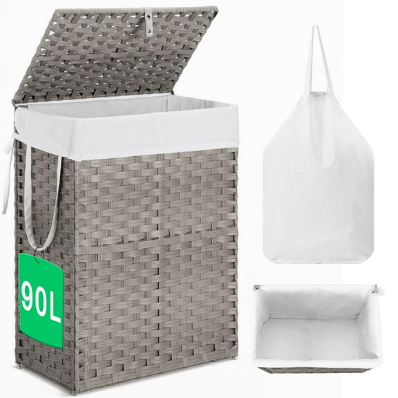 90L Foldable Laundry Hamper with Lid and Removable Liner, Wicker Basket for Bedroom & Bathroom, Gray