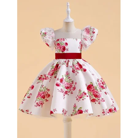 

Girls Princess Dress Puff Short Sleeve Floral Print Square Neck Formal Dress For Pageant Gown Christmas Birthday Evening Party Wedding Piano Performance