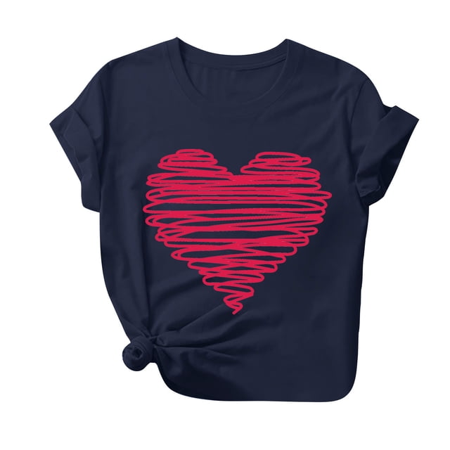 Besolor T-Shirt de la Saint-Valentin pour Femmes, Mode Imprimé Cœur, Manches Courtes, Col Rond