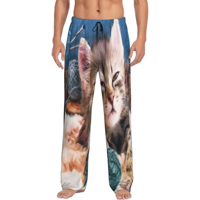 Fotbe Playful Cat Pantalones de Pijama para Hombre, Pantalones de Dormir, Pantalones de Casa con Cintura Ajustable y Bolsillos-Large