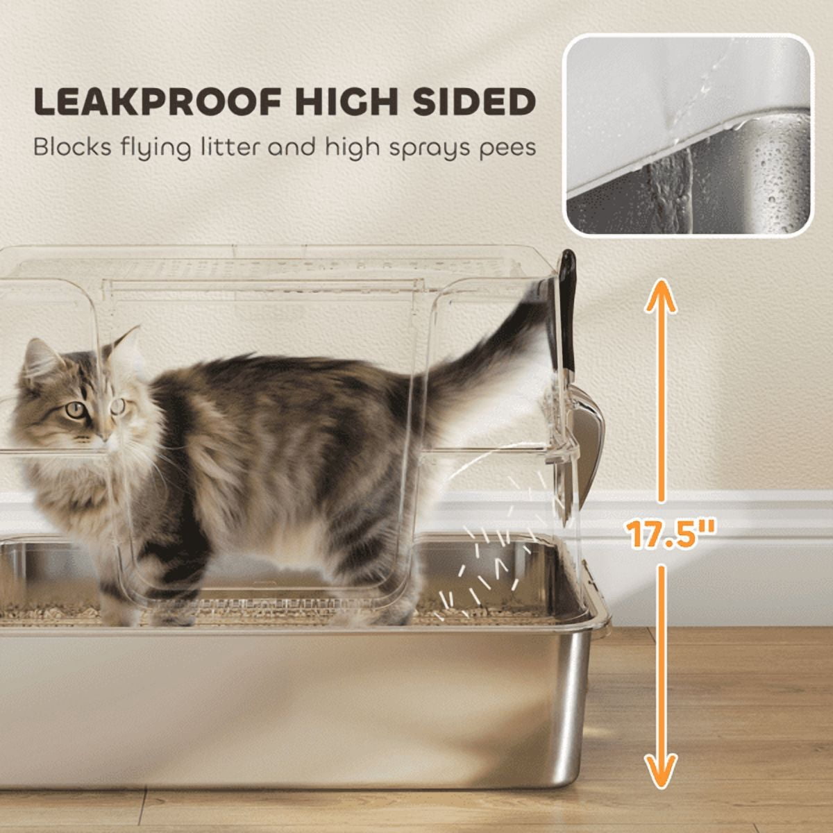 XL Stainless Steel Enclosed Litter Box for Large Cats, 3-in-1 Odor Control Cat Litter Box with Non-Stick Scoop