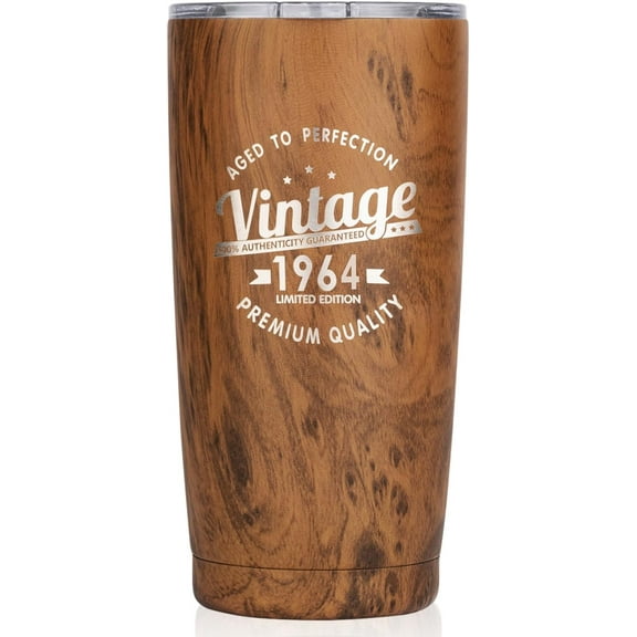 Vintage 1964 60th Birthday Gifts for Men & Women Insulated Stainless Steel Tumbler - 60 Year Old Presents Best Gift for Him & Her 60th Party Decorations Supplies (Wood)