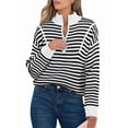 thumbnail image 3 of Women Striped Half Zip Long Sleeve Ribbed Knit Pullover Comfy Casual Light-Weight Tops Fall Fashion Black M, 3 of 8