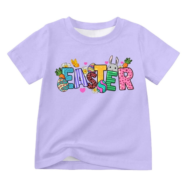 MIASHUI T-Shirt de Pâques pour Garçon et Fille, Manches Courtes, Imprimé Graphique, Violet, 2-3 Ans
