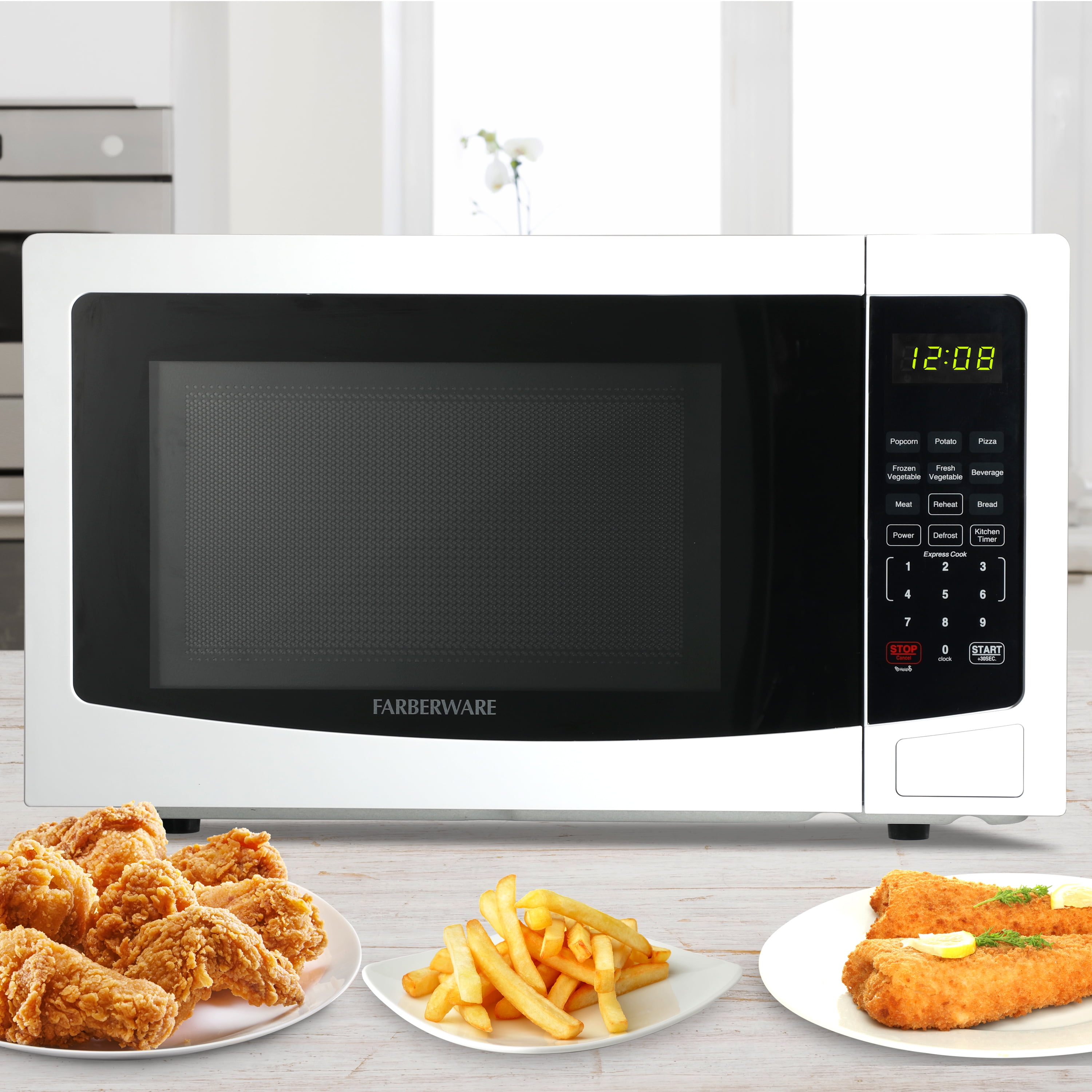 Farberware 1.1 cu ft Microwave Oven, 1000W Countertop Microwave Oven with 8 Auto Cook Programs, White