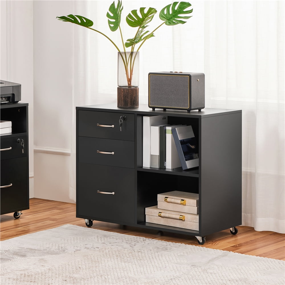 Yaheetech 3-Drawer Wooden Vintage File Cabinet with Wheels for Home and Office, Black