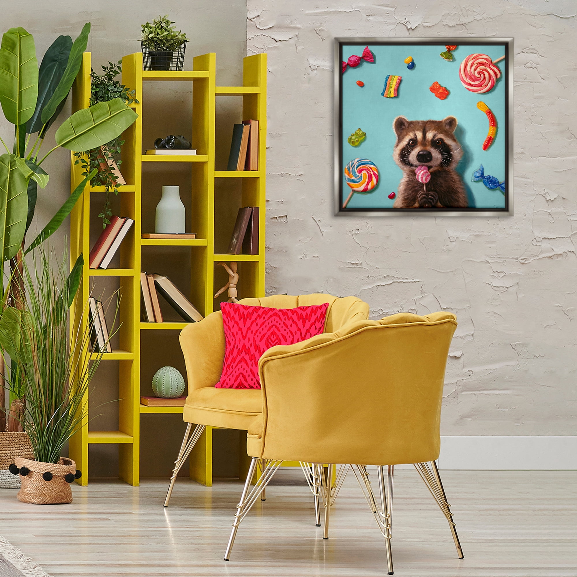 Stupell Industries Raccoon & Sweets Candies Food & Beverage Painting Gray Floater Framed Canvas Art Print Wall Art, 25 x 25
