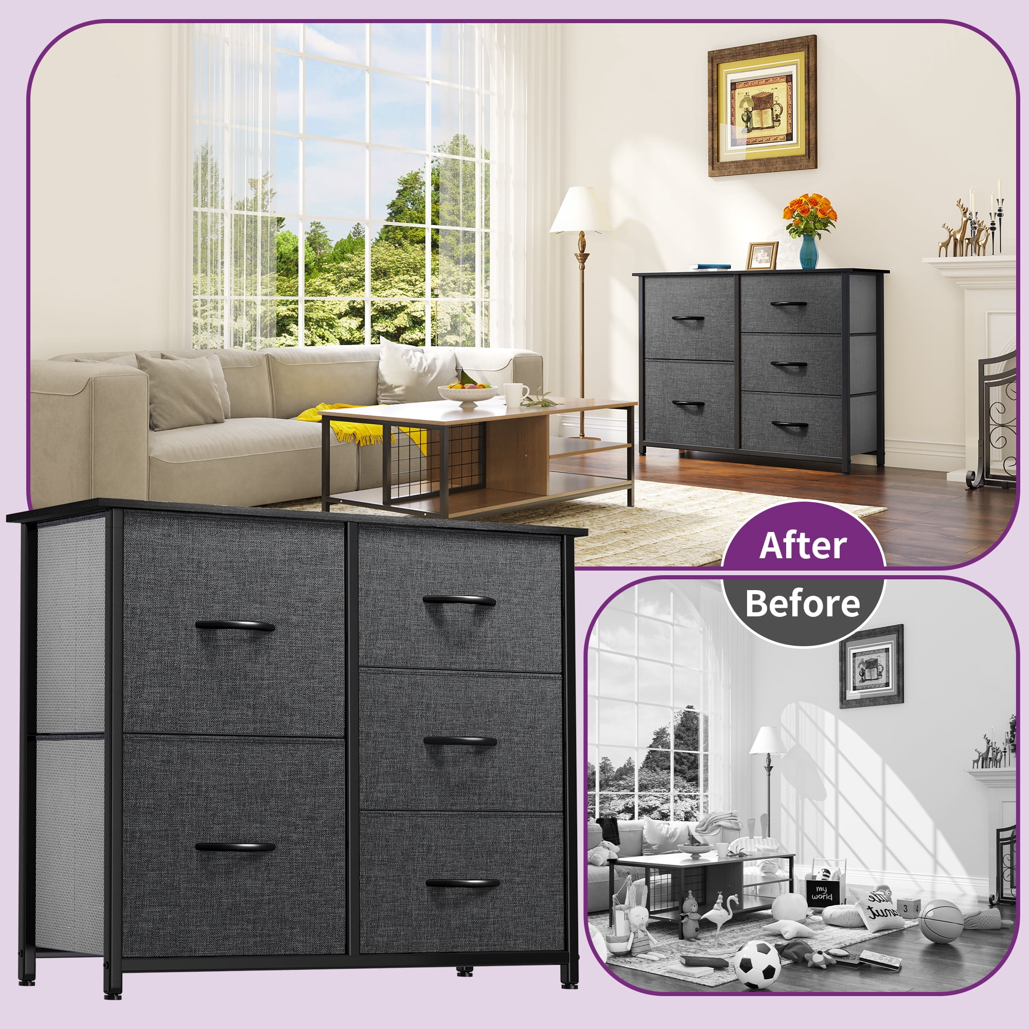 Uforic Black Gray 5-Drawer Fabric Dresser with Steel Frame, Wooden Top & Easy-to-Pull Handles for Adults