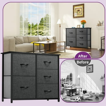 Fabric Organizer with 5 Drawers,Storage Dresser with Steel Frame,Wooden Top & Easy-to-pull Handles for Bedroom,Living Room, Closet Black and Gray