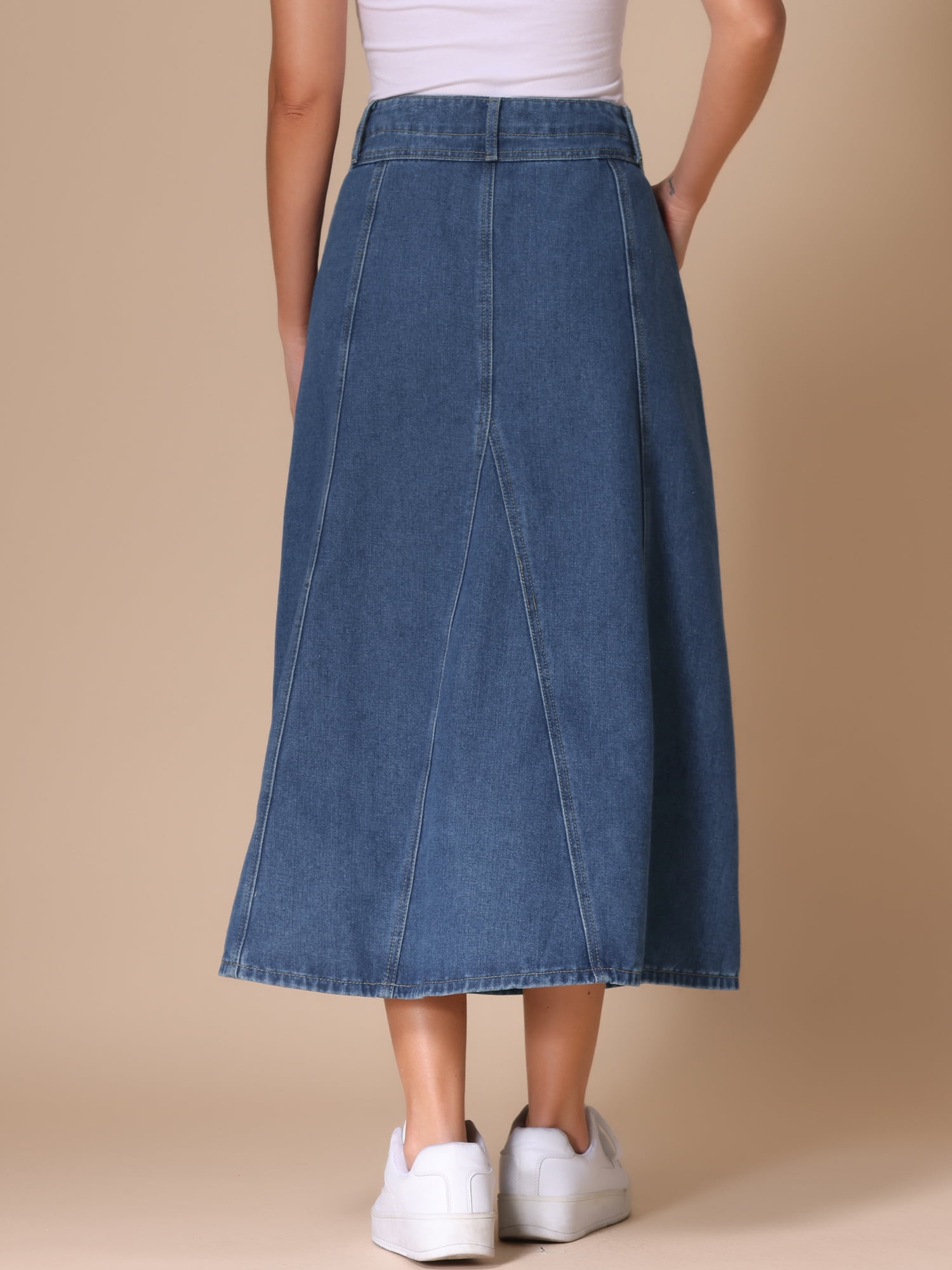 DARING DIVA Women's High Waisted A-Line Frayed Midi Skirt with Pockets M Blue