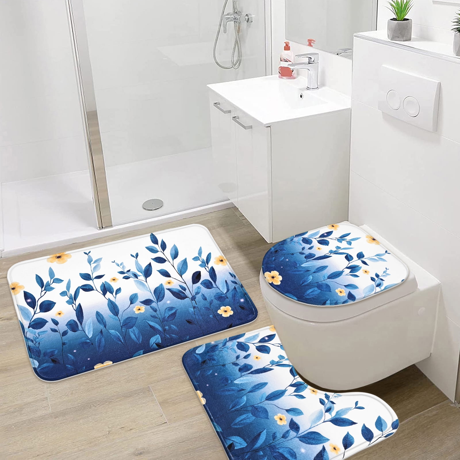 FRAMICS 16-Piece Ombre Floral Shower Curtain Sets with Rugs, Blue Eucalyptus Leaves Bathroom Sets, Waterproof Fabric Bathroom Curtain Decor with Hooks