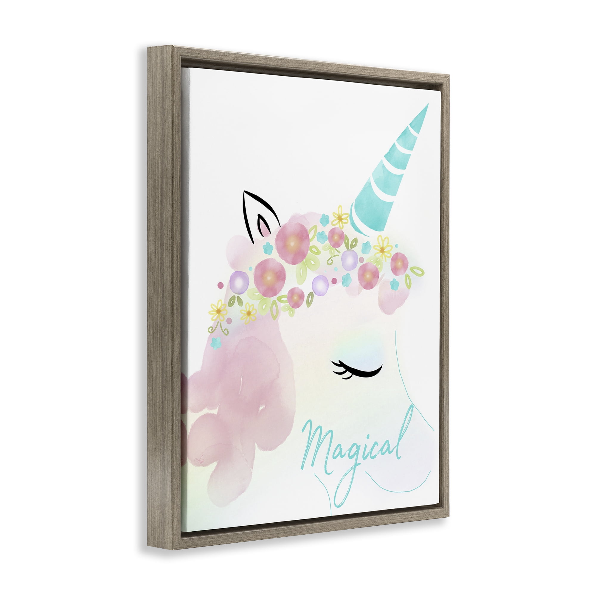 Stupell Industries Magical Floral Unicorn Fairy Tales & Fantasy Painting Brown Floater Framed Art Print Wall Art, 17 x 21